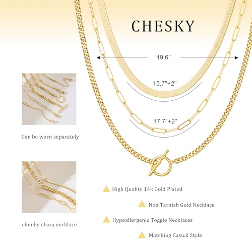CHESKY Layered Necklaces for Women, 14K Gold Plated Chain Necklace Women Trendy Cuban Link Paperclip Chain Toggle Clasp Necklace Fashion Chunky Jewelry for Women - style: chain3-gd