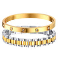 MPRAINBOW 2pcs 18K Gold Plated Chain Link Bracelet, Stainless Steel Crystal Friendship Bracelets Bangle,Watch Band Chains Wristband Jewelry with Adjust Tool - color: Gold Set - G