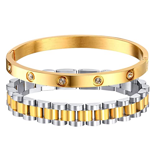 MPRAINBOW 2pcs 18K Gold Plated Chain Link Bracelet, Stainless Steel Crystal Friendship Bracelets Bangle,Watch Band Chains Wristband Jewelry with Adjust Tool - color: Gold Set - G