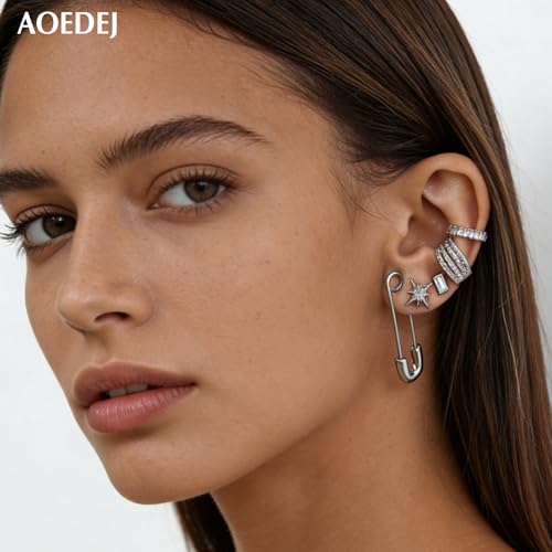Aoedej Safety Pin Earrings for Women Men Stainless Steel Punk Paperclip Cartilage Hoop Earrings Industrial Tragus Helix Piercing Jewellery - color: Silver, size: 38mm