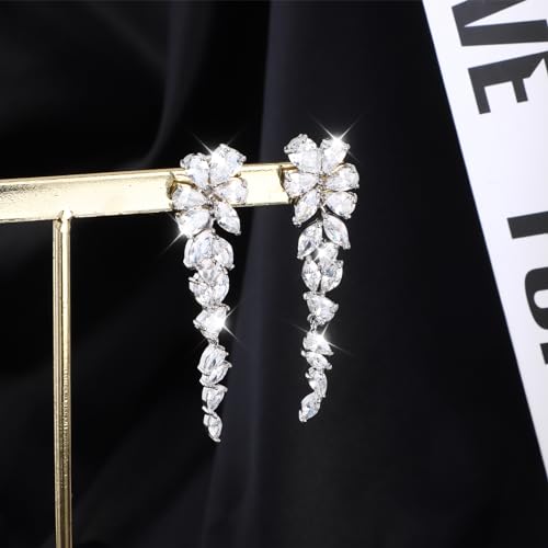 Awinesn Clip on Earrings for Women 925 Sterling Silver Plated Cubic Zirconia Long Tassel Dangle Drop Earrings Non Pierced Earrings for Women Jewelry Gifts Wedding Party - color: leaves 2
