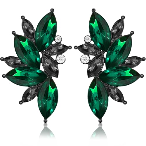 Bohemian Statement Sparkly Colourful Fancy Rhinestone Crystal Flower Dangle Drop Stud Earrings Vintage Wedding Bridal Prom Earrings for Women - color: Black Green