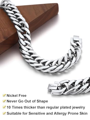 ChainsHouse Stainless Steel Cuban Link Bracelet, 8mm/12mm/17mm Width, 7.5"/8.3"/9", 18K Gold Plated Chain Wrist Bracelets for Men Women, Send Gift Box - color: R: Steel-17mm width-custom