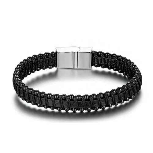 Men's Leather Bracelet, Stackable Stainless Steel Clasp Bracelets for Men Stylish Birthday, Thanksgiving, Valentine's Day Gift for My Man - style: 8.2" Black Beads