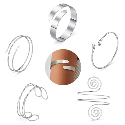 Giovanchi 5 Pieces Arm Cuff Upper Arm Band Cuff Bracelets for Women Adjustable Armband Set - style: D-Silver