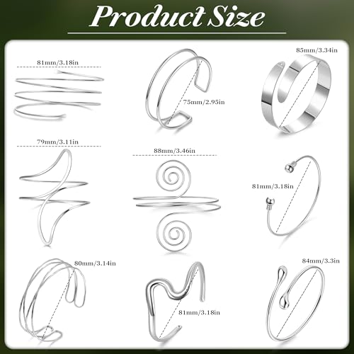 9Pcs Arm Cuff Bracelets Gold Upper Arm Cuff for Women Adjustable Upper Arm Bangle Bracelet Minimalist Irregular Arm Bangle Armband Coil Swirl Armlets Armband Jewelry Set - color: Silver B