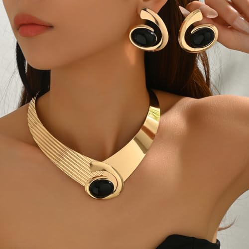 Gold Jewelry Set Chunky Gold Necklace Earring Set for Women Boho Oval Acrylic Earring Necklace Western Adjustable Choker Necklaces Bohemian Jewelry Set For Women - color: Black