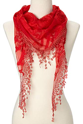 Cindy & Wendy Floral Embroidered Lace Triangle Scarf for Women - color: Red