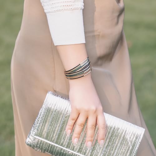 FANCY SHINY Boho Leather Bangle Bracelets Stackable Noodle Tube Bracelets Layered Wrap Cuff Bracelets with Magnetic Clasp - color: Green
