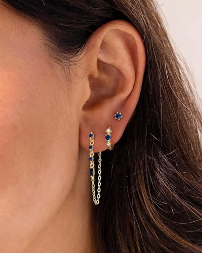 3 Pairs Small Earring Stacks, 14K Gold/Silver/Black/Rose Gold Plated Pearl Heart Butterfly Star Diamond Charm Drop Huggie Earrings Trendy Jewelry Gift for Women - color: Gold-Blue Chain