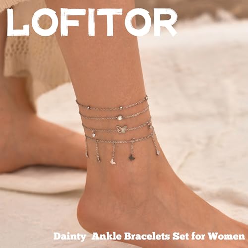 LOFITOR Ankle Bracelets for Women Glitter Waterproof Adjustable Anklet Set for Women 18K Gold Plated Silver Charm Dainty Layered Anklets, Summer Beach Anklet Jewelry for Women - style: Butterfly Silver