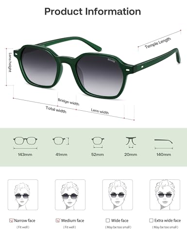SOJOS Retro Square Polarized Sunglasses Womens Men Trendy 70s Thin Slim Shades Sunnies SJ2674 - color: Green Frame Grey Gradinglens