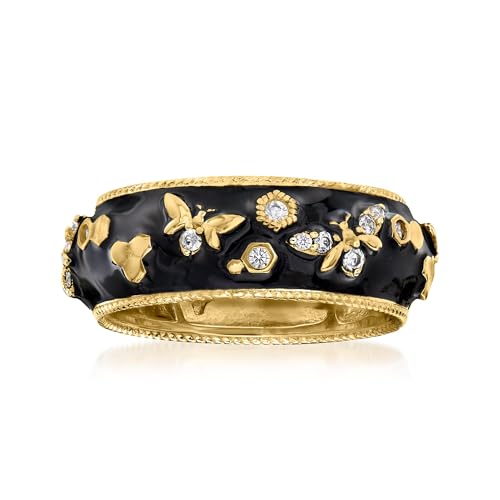 Ross-Simons 0.20 ct. t.w. White Topaz and Black Enamel Bumblebee Ring in 18kt Gold Over Sterling