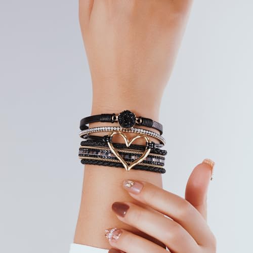 Boho Leather Wrap Bracelets Beaded Stackable Cuff Bracelet Country Concert Outfits Cowboy Cowgirl Western Jewelry Gifts for Women - color: Heart-Black