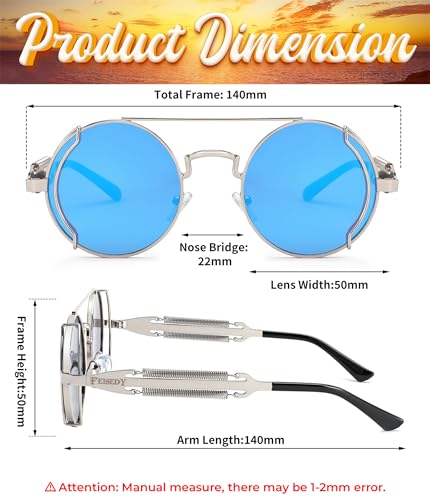 FEISEDY Aviator Sunglasses for Men Women, Retro Steampunk Gothic Round Metal Frame Hippie Glasses B2351 - color: Silver Frame Blue and Silver Lenses With Silver Legs
