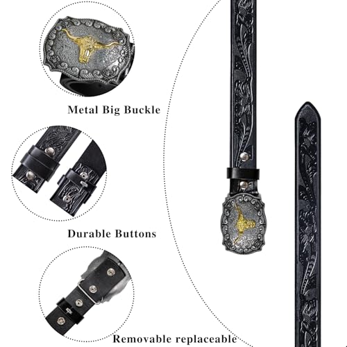 Dubulle Womens Belt Chain Leather Belts Vintage Western Adjustable Elastic Double Buckle for Cowboy Pant Dress - color: Black Silver Gold