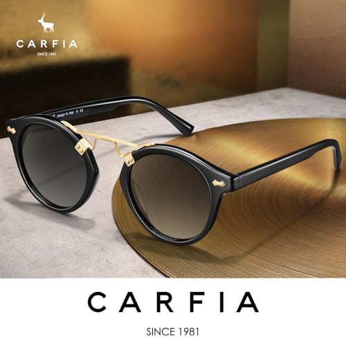 CARFIA Double Bridge Small Acetate Sunglasses for Women Polarized, Retro Metal Brow Ladies Sunnies Fashion Round Eyewears - color: Black
