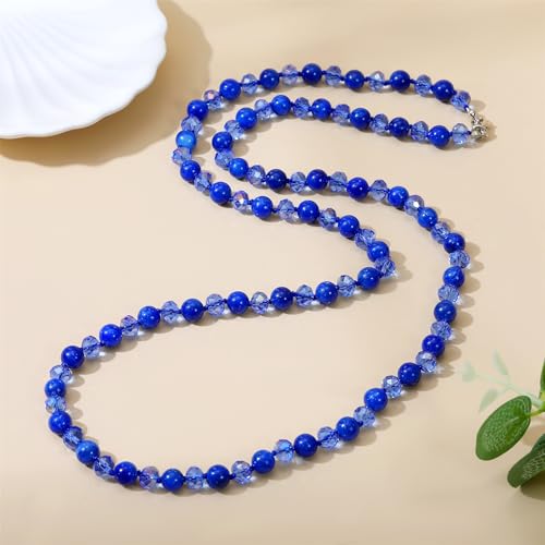 Long Beaded Necklace for Women Boho Colorful Crystal Stone Knot Statement Fashion Costume Jewelry Gifts - color: Blue