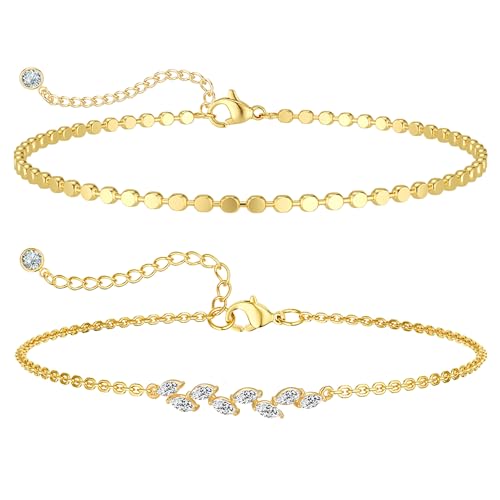 MIDEEO Gold/Silver Ankle Bracelets for Women,14K Gold Anklets for Women Waterproof Cuban Link Heart Beads Herringbone Rhinestone Anklets Set Layered Anklet Bracelets for Women Gold Jewelry Gift - style: 2Pcs Anklets A-Gold