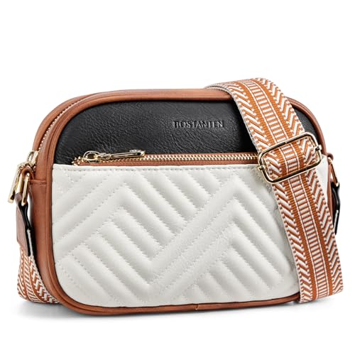 BOSTANTEN Quilted Crossbody Bags for Women Vegan Leather Purses Shoulder Handbags with Wide Strap - color: Q-beige With Black With Brown