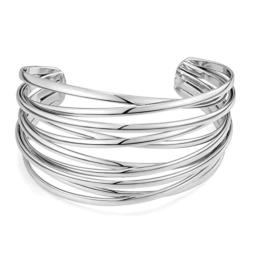 WOWORAMA Chunky Cuff Bracelets for Women Multi-layer Cross Wire Open Bangle Bracelet Adjustable Chunky Wide Open Wrist Arm Cuffs Wrap Bracelet Gold/White Gold - color: White-Gold Cross Wire Cuff