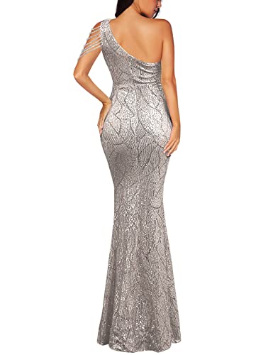 Women One Shoulder 1920s Plus Size Formal Dress Tassels Sleeve Sequins Gatsby Maxi Evening Gown - color: A-silver, size: X-Small