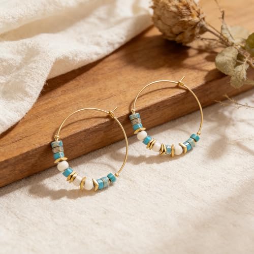 Natural Stone Beaded Hoop Earrings for Women, Boho Handmade Lightweight Hypoallergenic Trendy Summer Beach Accessories Fashion Jewelry Gift - color: Turquoise