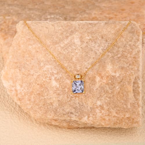18K Gold-Plated Non Tarnish Birthstone Necklace for Women, 5A Princess Cut Cubic Zirconia Pendant, Birthday Anniversary Valentine's Gift, 18-20 Inches - color: 12-Dec-Light Tanzanite Blue