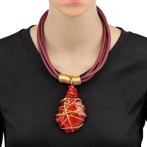 Ethnic Crystal Rhinestone Pendant Necklace Earrings Set Women Handmade Tribal Collar Choker Chunky Metal Bib Rope Chain African Statement Jewelry Set - color: N1505-red
