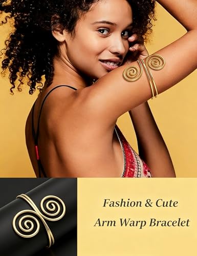 2Pcs Minimalist Simple Swirl Upper Arm Cuff Bracelets for Women Arm Bangle Armlets Adjustable - color: gold