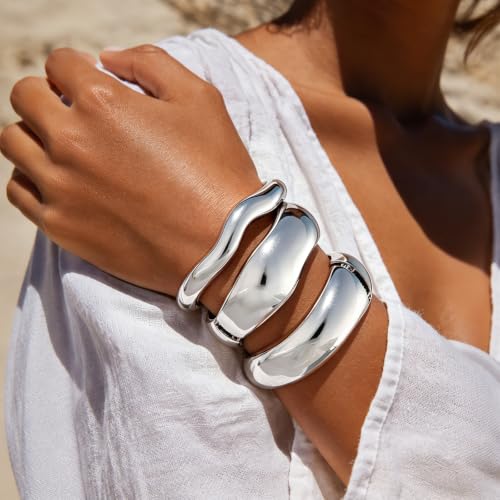 Chunky Gold Bangle Bracelets for Women Trendy 14K Gold Plated Cuff Bracelets Stack, Dainty Gold Bracelet Sets Non Tarnish Fashion Jewelry Gift - style: Silver-3pc-008