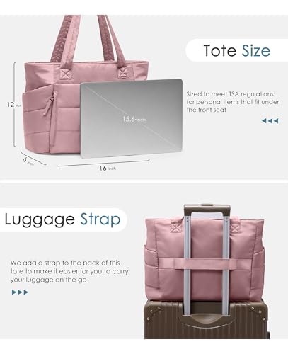 Tote Bag for Women with Zipper, Quilted Puffer Tote Bag with Compartments, Lightweight Puffy Work Bags for Women Travel - color: Mauve Pink