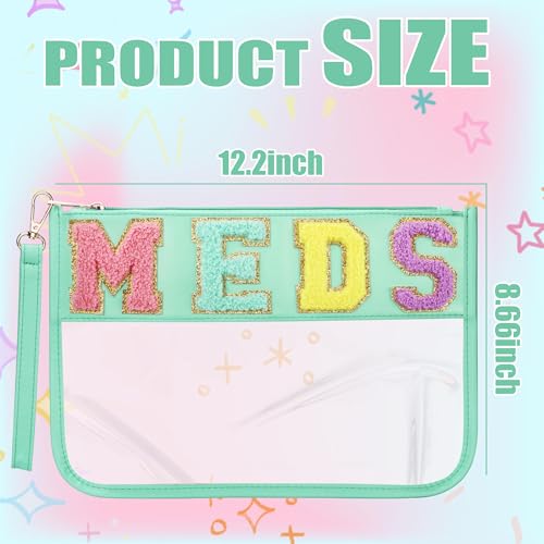 BuyCard Chenille Letter Clear Medicine Bags, Makeup Meds Bags, Preppy Patch Cosmetic Bag with Zipper and Wristlet, Waterproof PU&PVC Toiletry Medicine Storage Case, Portable Travel Drugs Pills Pouch - color: Green-Meds