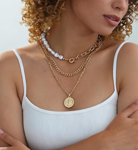 iF YOU Vintage Gold Layered Necklaces for Women Trendy, Chunky Cuban Link Paperclip Chains Necklace Stack, Coin Pendant Necklace Set Jewelry Gifts - style: 3-layer pearl necklaces
