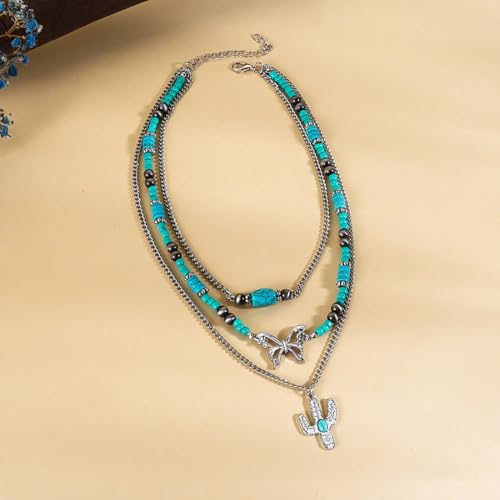 Pingyongchang Boho Layered Western Turquoise Necklaces for Women Vintage Stone Beaded Chokers Butterfly Catus Chain Country Concert Cowgirl Cowboy Jewelry Holiday Gifts - style: D Catus