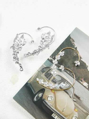 2Pcs Rhinestone Butterfly Earrings Ear Cuffs Non-Pierced Fake Earrings Butterfly Climber Wrap Around Earring Dainty Adjustable Ear Clip Jewelry for Women - color: StyleB-2 Pairs-Silver&Gold