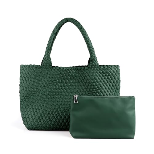 Woven Tote Bag Womens Purse Vegan Leather Shoulder Handbags Fashion Summer Beach Tote Bags Large Travel Totes - color: Blackish Green
