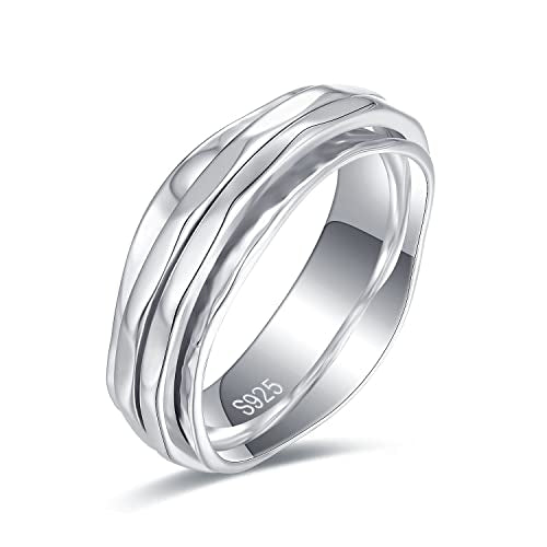 925 Sterling Silver Anxiety Ring with Beads Fidget Spinning Rings for Women Worry Beads Rings - color: hammered design B