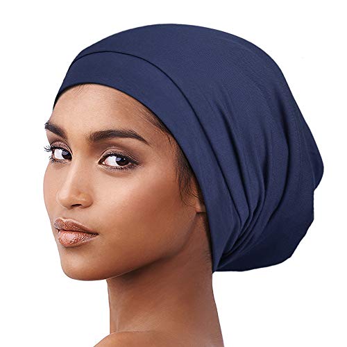Alnorm Cozy Satin Lined Hat Slumber Cap Slouchy Skull Hat Cotton Bonnet Navy - color: Navy
