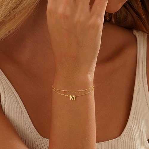 Turandoss Initial Bracelets for Mom Women, Dainty 18K Real Gold Plated Layered Letter A-Z Initial Bracelets Personalized 26 Alphabet Monogram Gold Bracelets for Women Birthday Jewelry Gifts Trendy - color: N