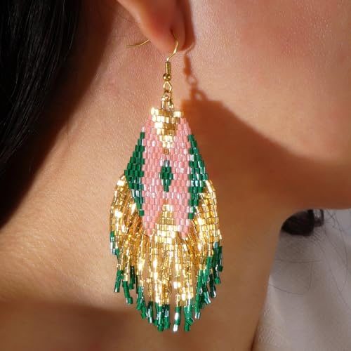 Bohemian Beaded Long Tassel Dangle Earrings for Women, Handmade Jewelry White Tarnish Resistant Lightweight Design, Stylish Accessory for Beach Vacation Party and Gift - color: Gold