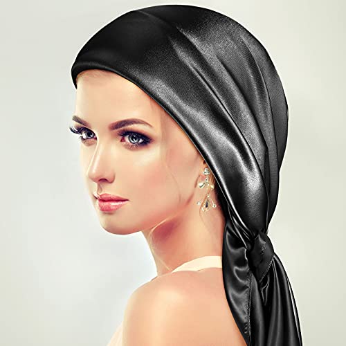 SATINIOR 35 Inch Silky Head Scarf 2 Pcs Large Square Neck Scarf Sleeping Hair Wrapping Satin Bandana for Women - color: Black, Dark Blue, style: Classic
