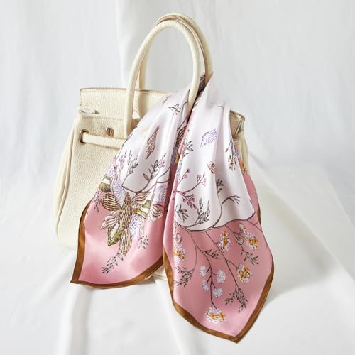 100% Mulberry Silk Neck Scarf 21''x21'' Small Square Hair Scarf for Women Men Lightweight Bandana Envelope Package - color: Shell Flower- Pink