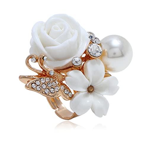 CZ Rose Flower Wedding Ring for Women Statement Engagement Round Rhinstone Crystal Aryclic Daisy Plumeria Adjustable Open Wrap Finger Rings Comfort Fit Cocktail Party Valentine Jewelry - color: White