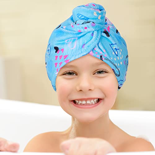 Basumee Microfiber Hair Towel Wrap for Kids 2 Pack Rapid Drying Hair Towel with Button Hair Turbans for Wet Hair Wraps Head Towel Wrap for Women and Girls, Blue and Purple Love - color: Blue and Purple Love