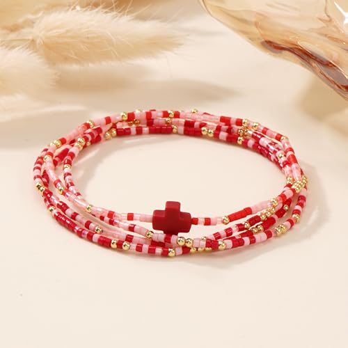 Gold Colorful Beaded Cross Bracelet Stack Set for Women,Handmade Bohemian Seed Beads Stacked Bracelets Fashion Holiday Jewelry Gift - color: Red