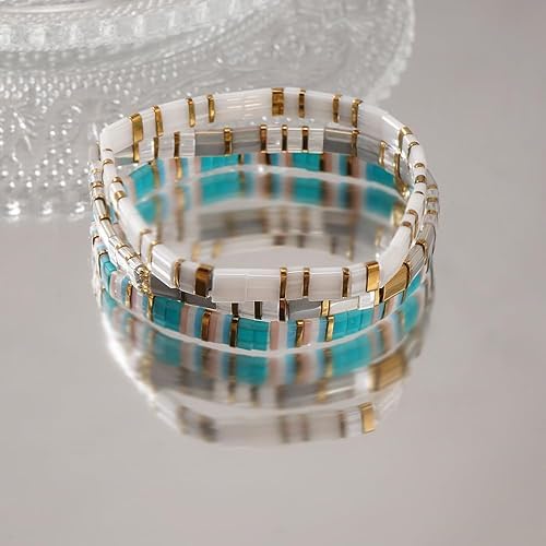 Tila Flat Square Stack Beaded Bracelets Set for Women Men, Boho 3Pcs Romantic Handmade Healing Gold Colorful Stretch Accessories Jewelry, Daily Vacation Party Holiday Friendship Gift - color: White Gray Blue