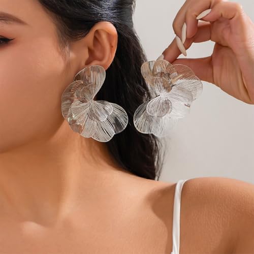 Gold Large Flower Dangle Earrings for Women Vintage Big Ginkgo Leaf Statement Silver Earring Trendy Oversized Floral Punk Jewelry Hip Hop Accessories - color: Silver