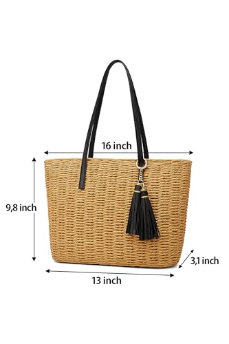 YXILEE Straw Bags For Women | M Size Travel Straw Totes Bag Woven Summer Handmade Shoulder Bag Handbag - color: Black