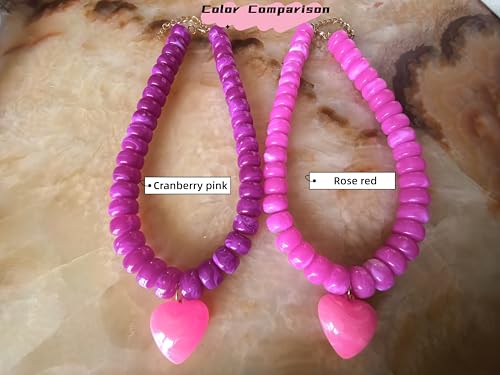 Chunky Colorful Beaded Statement Boho Summer Beach Chokers Necklace Heart Pendant Pink Green Yellow Brown Fashion Jewelry - color: Cranberry pink